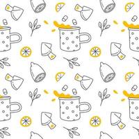 Seamless pattern with lemon, cookies, mint leaves and a teacup on a white background. Hand-drawn icons in the doodle style. Isolated vector illustration for tablecloths, napkins, curtains