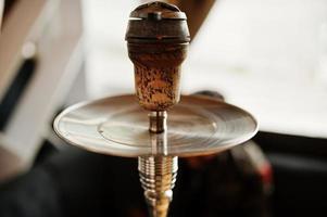 Close up hookah against stylish beard arabian man. photo