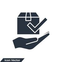 receive package icon logo vector illustration. Hand and box symbol template for graphic and web design collection