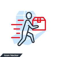 Ilustración de vector de logotipo de icono de entrega de mensajería. hombre en movimiento con caja, persona que tiene en la mano una plantilla de símbolo de paquete para la colección de diseño gráfico y web