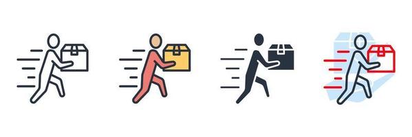 courier delivery icon logo vector illustration. moving man with box, person holding in hand package symbol template for graphic and web design collection