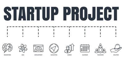 Startup project and development banner web icon set. solution, brainstorm, calendar, idea, development, teamwork, career, navigation vector illustration concept.