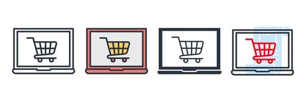 online shopping icon logo vector illustration. Computer display with shopping cart symbol template for graphic and web design collection