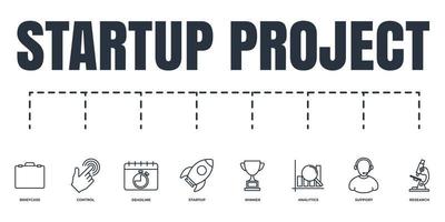 Startup project and development banner web icon set. startup rocket, support, briefcase, research microscope, winner trophy, analytics, control, deadline vector illustration concept.