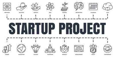 Startup project and development banner web icon set. solution, brainstorm, calendar, idea, growth, partnership, success and more vector illustration concept.