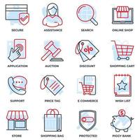 Set of E-commerce icon logo vector illustration. shopping cart, wish list, piggy bank, search, secure, protected shield and more pack symbol template for graphic and web design collection