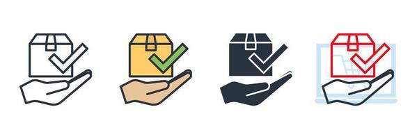 receive package icon logo vector illustration. Hand and box symbol template for graphic and web design collection