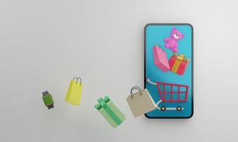 compras en línea en concepto de aplicación móvil marketing y digital. renderizado 3d foto