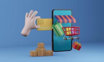 compras en línea en concepto de aplicación móvil marketing y digital. renderizado 3d foto