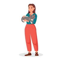 Young girl hugging a cat. Portrait of happy pet owner. Adorable pet owner and cute domestic animal. Flat vector illustration.