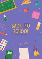 Back to school card with colorful school supplies. Colorful back to school templates for invitation, poster, banner, promotion, sale. School supplies cartoon illustration. vector