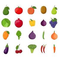 conjunto de frutas y verduras. comida vegetariana, concepto de alimentación saludable. aguacate, melocotón, higo, cereza, kiwi, pera, pimiento, tomate. ilustración vectorial plana vector