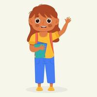 School kid with school supplies. Kid with backpack and book. Colorful cartoon character. Flat vector illustration.