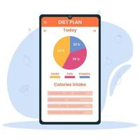 Smartphone with health monitoring, nutrition chart control. Health care and weight loss concept. Online calorie calculator. vector