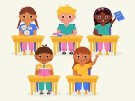 School kids with school supplies sitting at a school desk. Kids with backpacks and books. Colorful cartoon characters. Flat vector illustration.