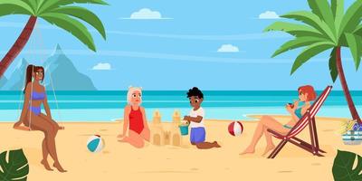 Summer vacation concept background. Beautiful summer beach landscape with sea, palm trees, sand castle. A girl is resting on a chaise longue, children are building a sand castle vector