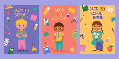 conjunto de diseño de banner de regreso a la escuela con un personaje escolar divertido y colorido, artículos educativos. coloridas plantillas de regreso a la escuela para invitación, afiche, pancarta, promoción, venta, etc. vector