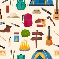 Camping and hiking seamless pattern. Summer camp travel tools collection for survival in wild, tent, backpack, map, axe, campfire and other camping equipment. vector