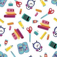 Seamless pattern back to school. Books, paints, alarm clock, calculator, pencil case, scissors, ruler. vector