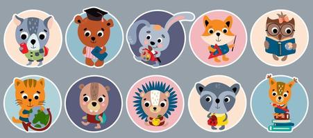 Back to school. Animal stickers set. Vector illustration