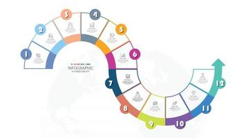 Basic circle infographic template with 12 steps, process or options, process chart, Used for process diagram, presentations, workflow layout, flow chart, infograph. Vector eps10 illustration.