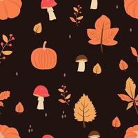 Seamless pattern with orange and yellow autumn leaves, with rowan, mushrooms, and pumpkin. Perfect for wallpaper, gift paper vector