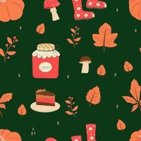 patrón impecable con hojas de otoño naranjas y amarillas, con serbal, tarta de queso y mermelada. perfecto para papel tapiz, papel de regalo, relleno de patrones vector