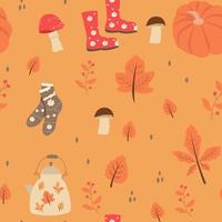 Seamless pattern with orange and yellow autumn leaves, with mountain ash, socks, and rubber boots, pumpkin, teapot. vector