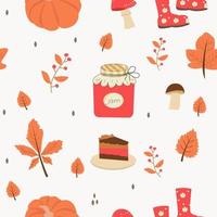 Seamless pattern with orange and yellow autumn leaves, with rowan, cheesecake, and jam. Perfect for wallpaper, gift paper, pattern filling vector