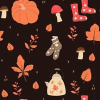 Seamless pattern with orange and yellow autumn leaves, with mountain ash, socks, and rubber boots, pumpkin, teapot. vector