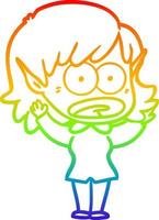 rainbow gradient line drawing cartoon shocked elf girl vector