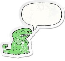 dinosaurio de dibujos animados y etiqueta engomada angustiada de la burbuja del discurso vector