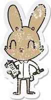 distressed sticker of a cute cartoon rabbit with clipboard vector