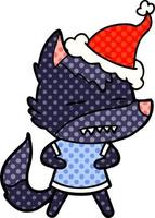 comic book style illustration of a wolf showing teeth wearing santa hat vector