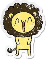 distressed sticker of a happy cartoon lion vector