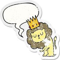 cartoon lion and crown and speech bubble distressed sticker vector
