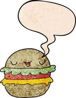 cartoon burger and speech bubble in retro texture style vector
