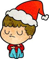 textured cartoon of a grumpy boy wearing santa hat vector