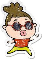 distressed sticker of a cartoon dancing woman wearing sunglasses vector