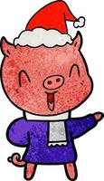 happy textured cartoon of a pig in winter clothes wearing santa hat vector