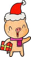 happy textured cartoon of a pig with xmas present wearing santa hat