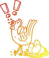 warm gradient line drawing cartoon chicken laying egg vector