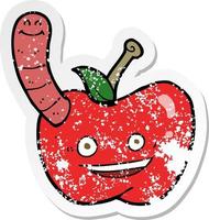 retro distressed sticker of a cartoon apple with worm vector