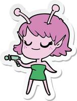 pegatina de una caricatura de una chica alienígena sonriente apuntando con una pistola de rayos vector