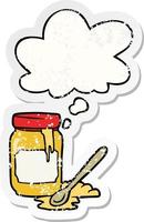 cartoon jar of honey and thought bubble as a distressed worn sticker vector