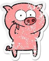 distressed sticker of a cheerful pig cartoon vector