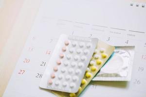 Contraceptive control pills and condom on date of calendar calculate date Control the birth rate. table wood background. health care and medicine, contraception concept. empty space for text. photo