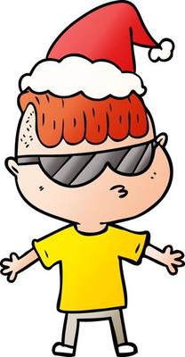 gradient cartoon of a boy wearing sunglasses wearing santa hat