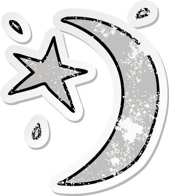 distressed sticker cartoon doodle of the moon and a star