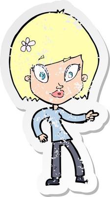 retro distressed sticker of a cartoon pretty woman pointing